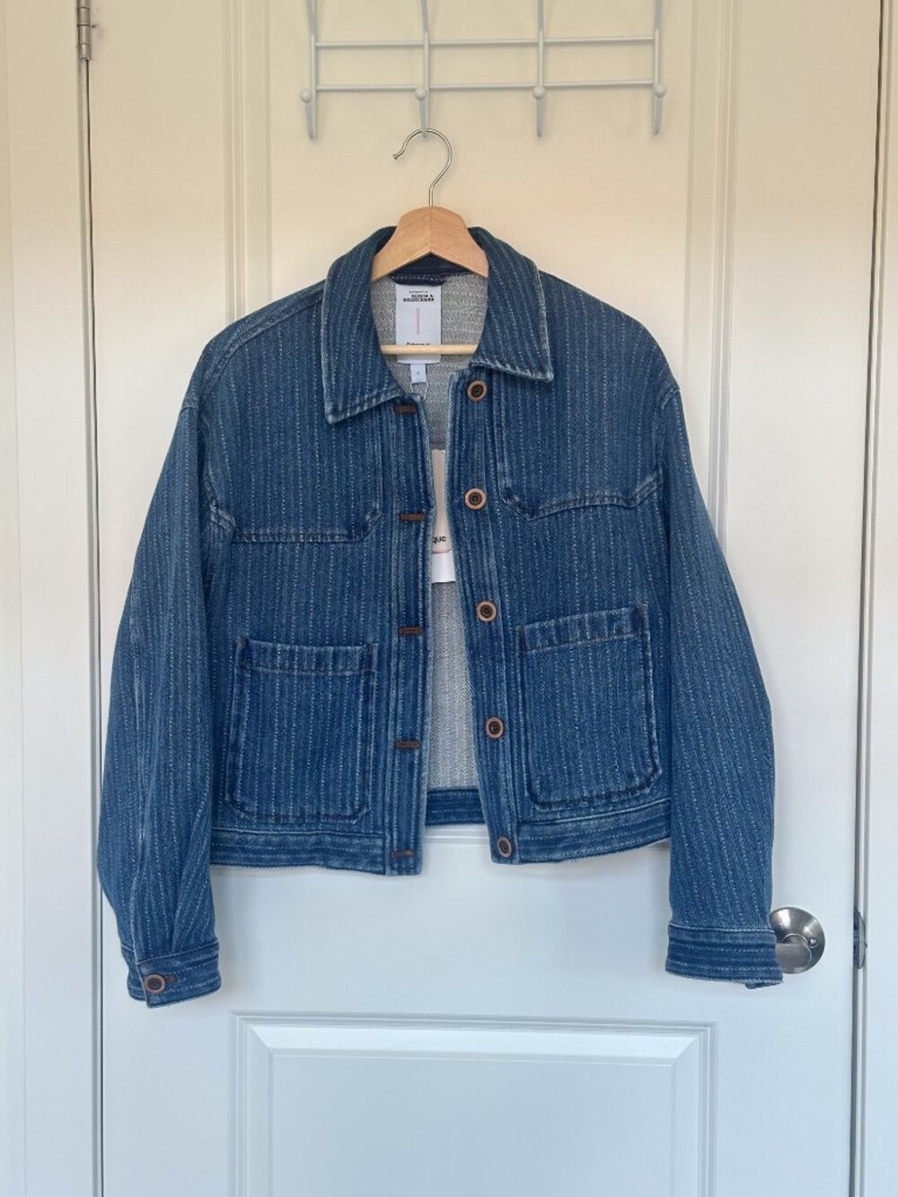 Fabrique Striped Washed Blue Pocket Jacket in Herringbone Denim | Size Small